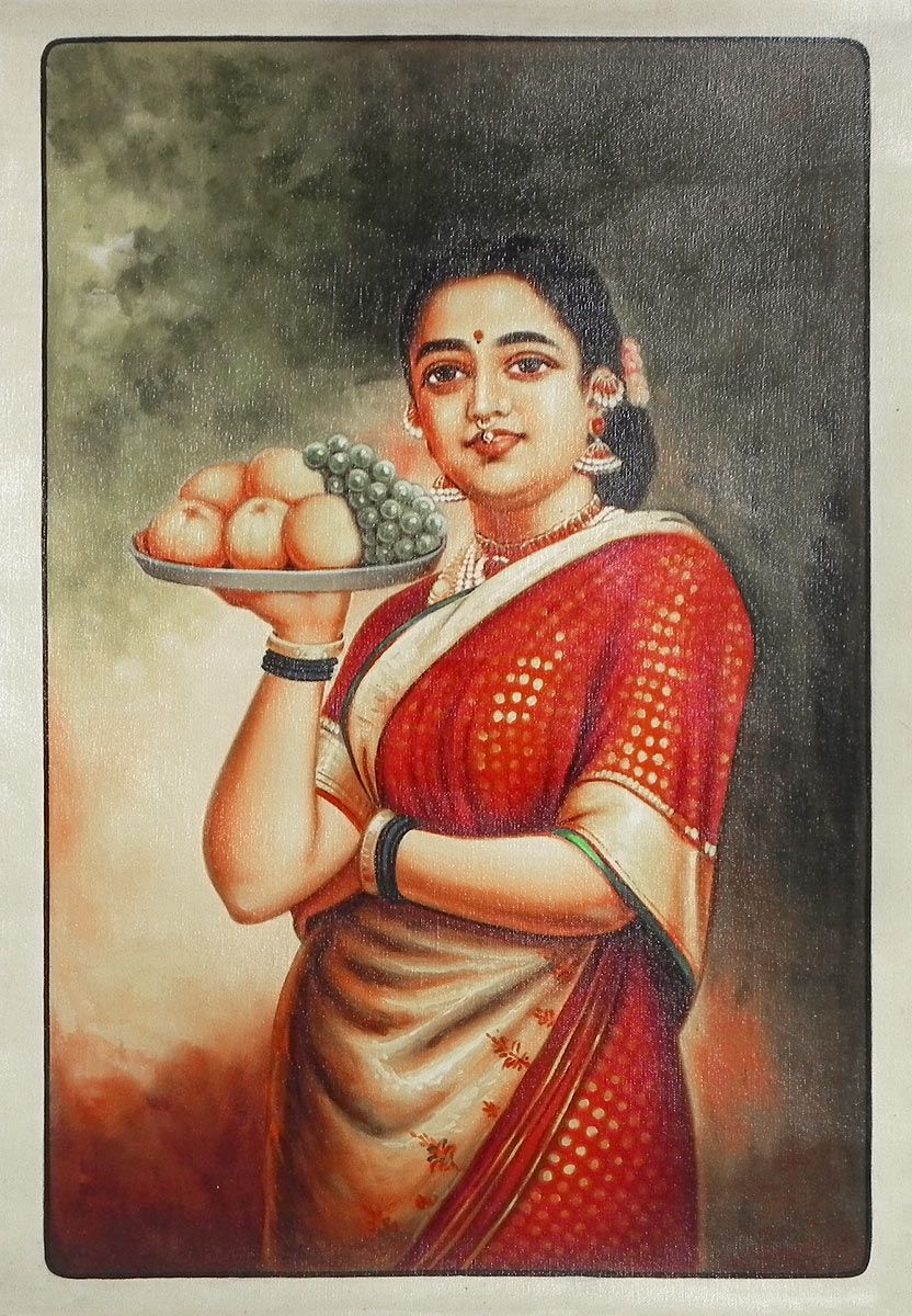832x1200 Lady With Fruit Basket - Ravi Varma Painting
