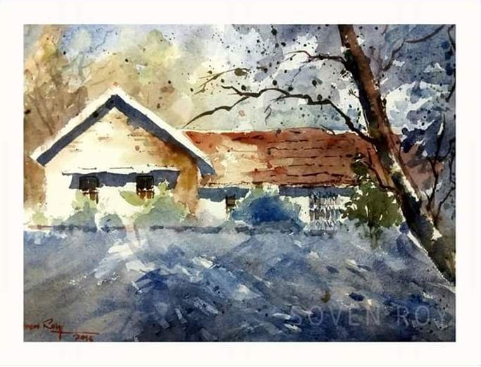683x521 Morning Rays By Artist Soven Roy Landscape Art Watercolor - Rays Painting