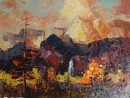 454x342 First Sun Rays Painting, A Palette Knife Paintings Reproduction - Rays Painting