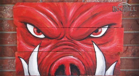 570x311 Official Arkansas Razorback Painting Tusks On Hand Made Wooden - Razorback Canvas Painting