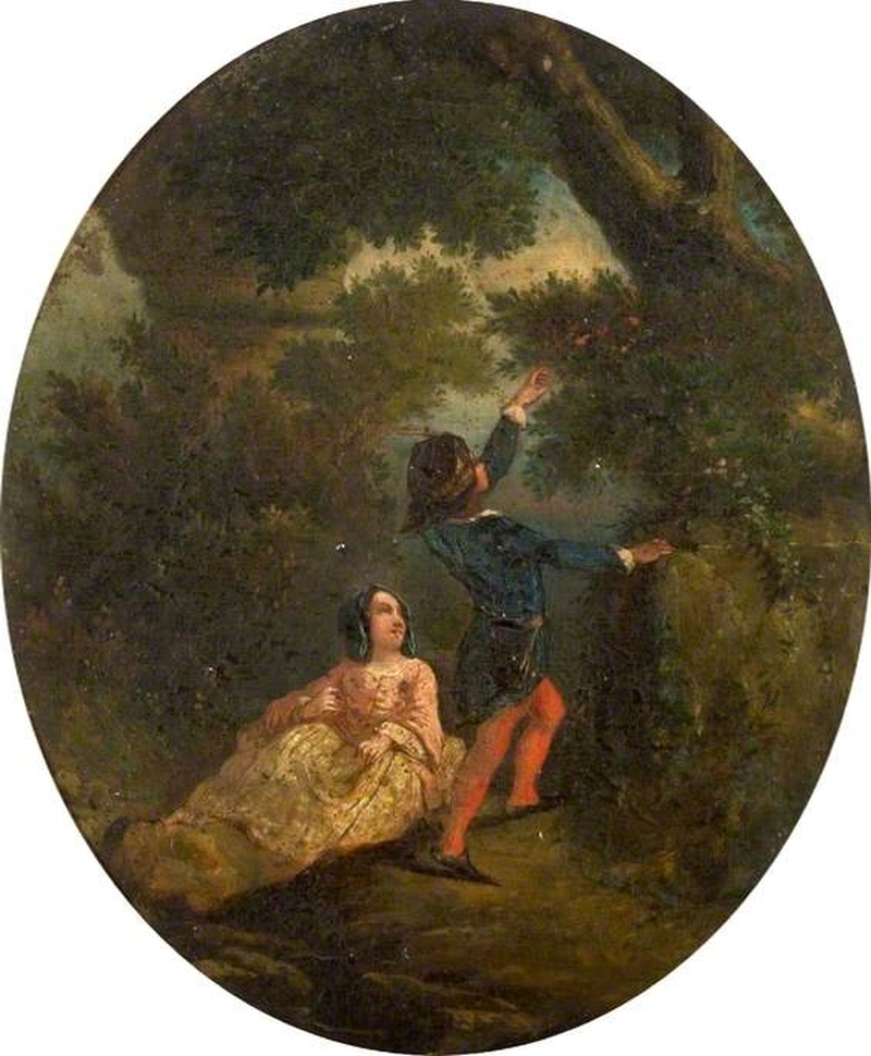 800x970 Young Man Reaching Up To Pick Flowers For A Young Lady Painting - Reaching Painting