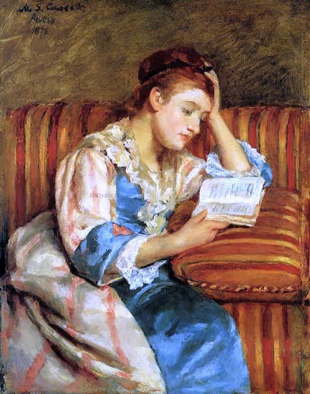 629x800 Mary Cassatt Mrs. Duffee Seated On A Striped Sofa, Reading Oil - Reading Painting