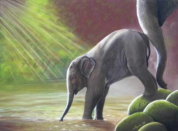 570x421 Mother's Love Elephant Original Art Realistic Elephant - Realistic Elephant Painting