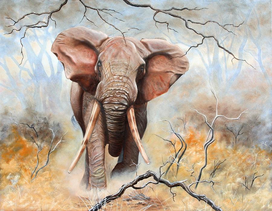900x698 Charging Bull Elephant Painting By Mario Pelser - Realistic Elephant Painting