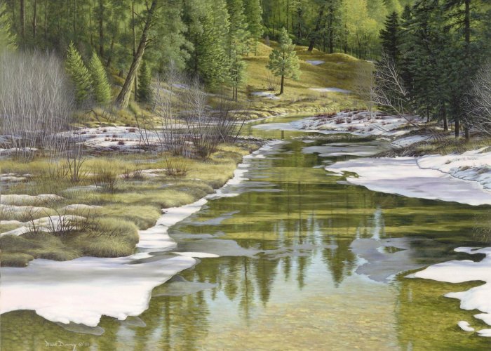 700x500 Springtime Thaw Original Painting Of A Thawing Mountain Stream - Realistic Landscape Painting