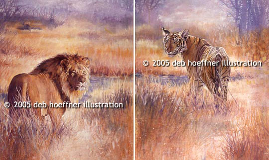 540x322 Lion And Tiger On African Grasslands In Realistic Impressionistic - Realistic Lion Painting