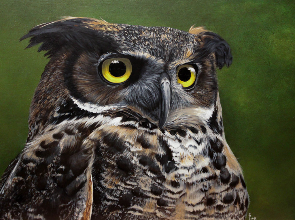 1024x763 Coastal Great Horned Owl. Painting By Li Soro - Realistic Owl Painting