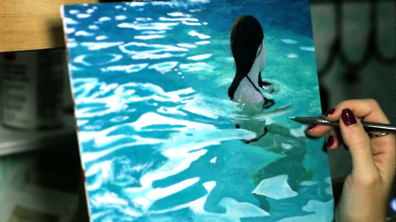 1280x718 Oil Painting Timelapse Realistic Water Girl In Swimming Pool - Realistic Water Painting