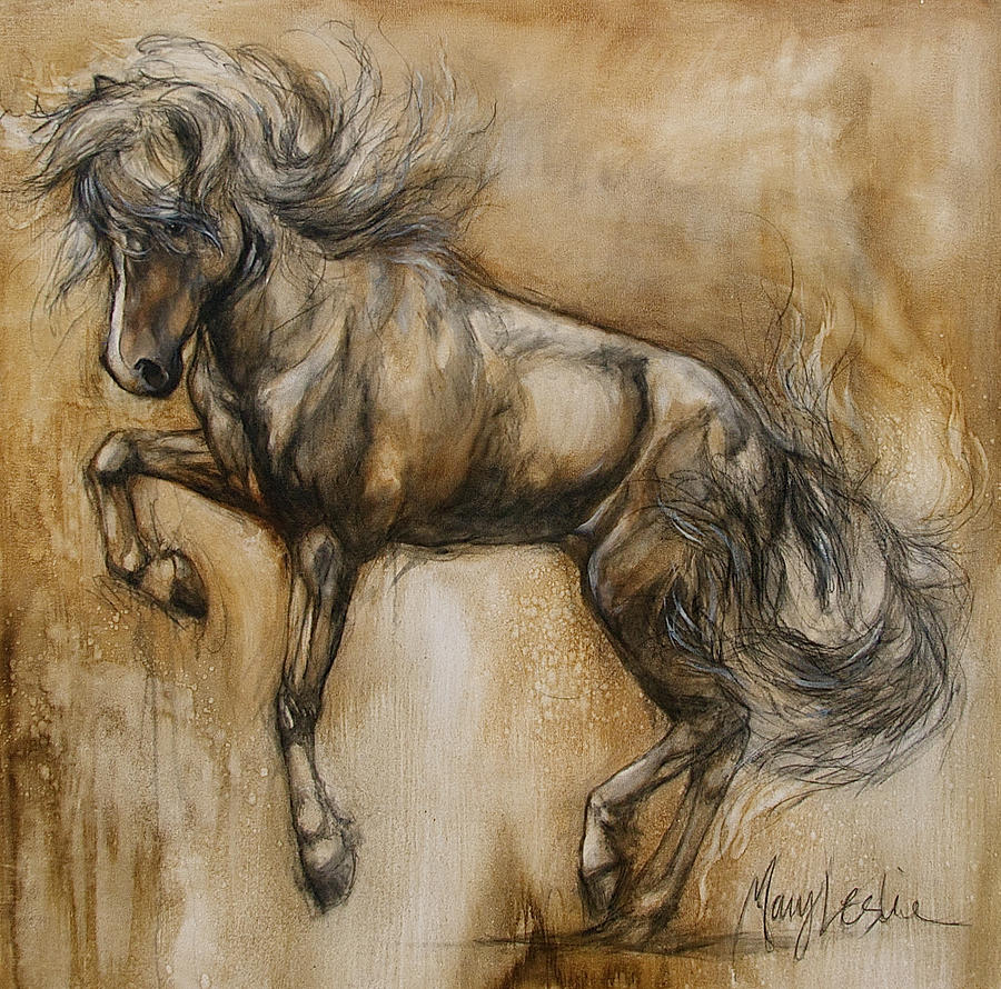 900x890 Tantrum Painting By Mary Leslie - Rearing Horse Painting