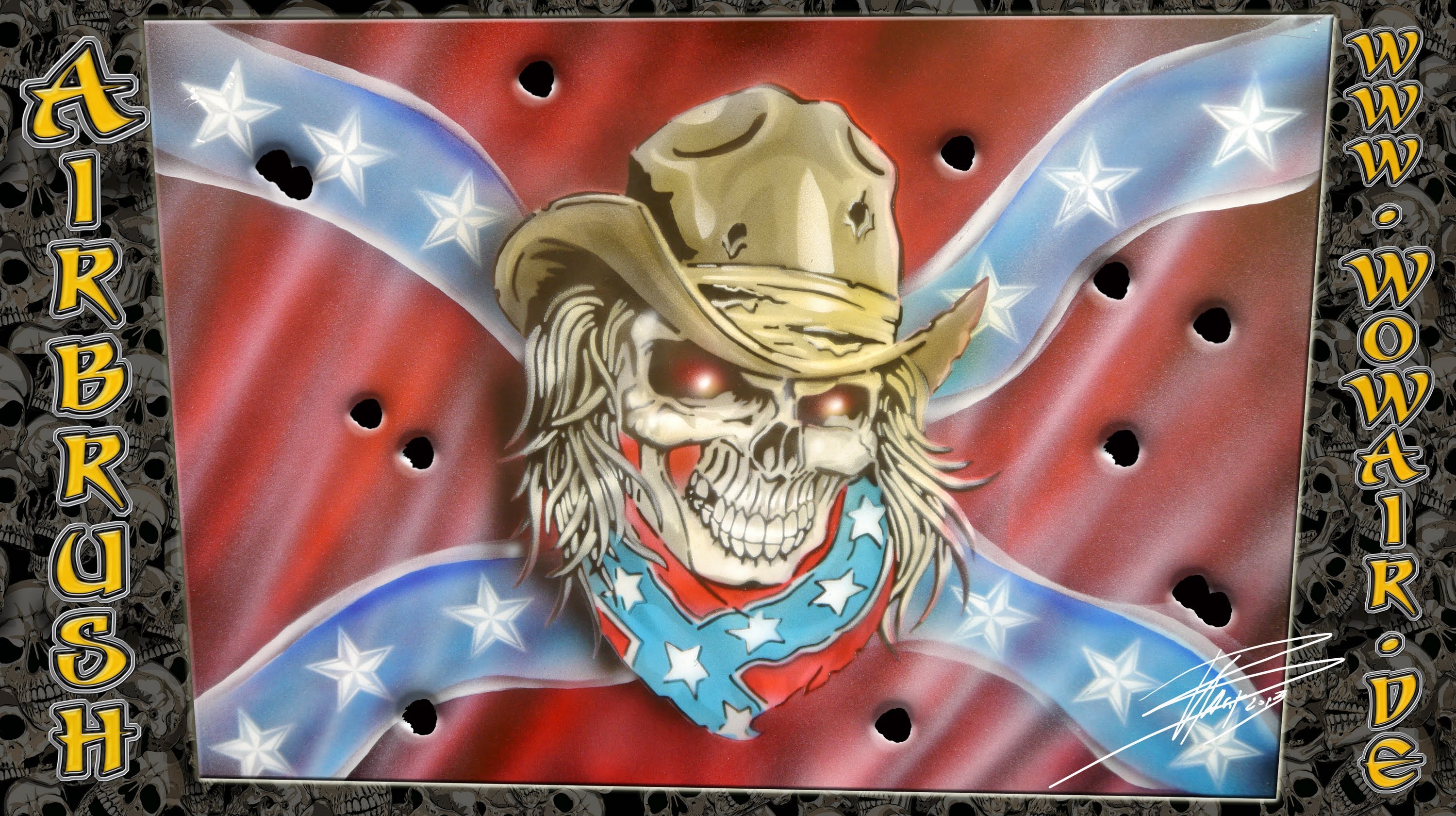 3000x1681 Airbrush By Wow No.438 Rebel Flag Skull Hd - Rebel Flag Painting