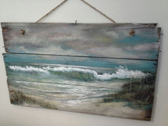 570x428 Original Ocean Seascape Painting On Reclaimed Wood Shabby Beach - Reclaimed Wood Painting