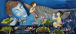 300x134 Reclining Buddha Indian Painting Handmade Oil On Canvas Buddhist - Reclining Buddha Painting