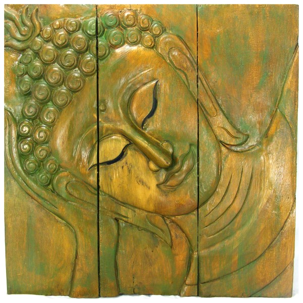 600x600 Wooden Reclining Buddha Wall Art Panel 60cm X 60cm 24 X24 Golden Green - Reclining Buddha Painting