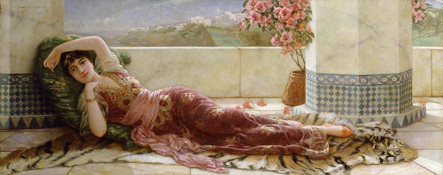 900x355 Classical Reclining Girl Painting By Emile Eismann Semenowski - Reclining Woman Painting
