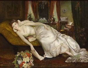 300x233 Huge Fine 19th Century Reclining Lady Opera Singer Portrait - Reclining Woman Painting