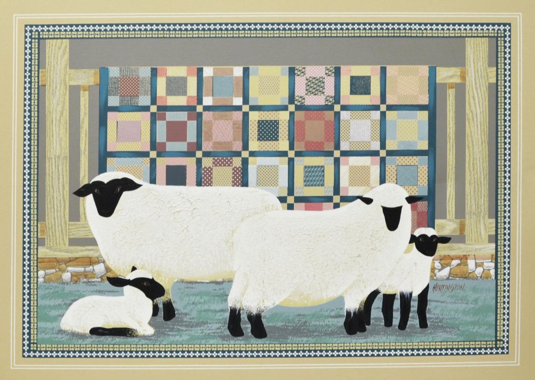 1100x782 Framed Painting, Sheep, Signed Huntington - Rectangle Sheep Painting