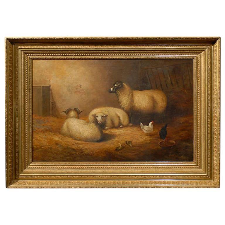 768x768 Large English 1880s Painting Depicting Sheepnd Chickens - Rectangle Sheep Painting