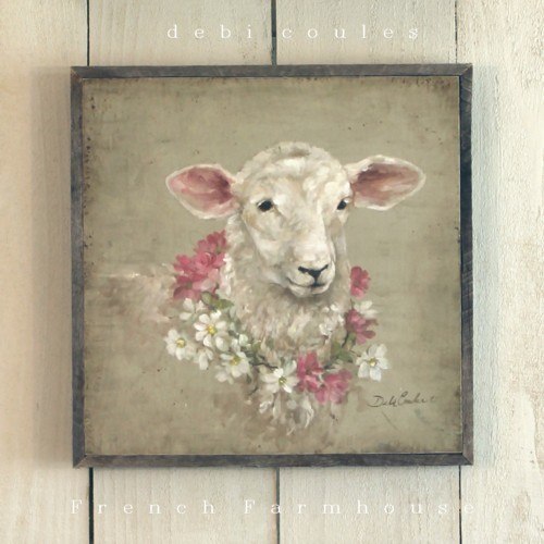 500x500 Barnwood Framedprinted On Wood French Farmhouse Sheep With Floral - Rectangle Sheep Painting