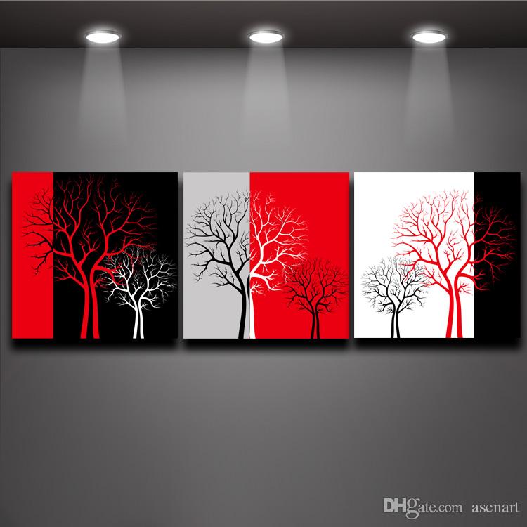 750x750 2018 Red Black White Three Colors Tree Picture Oil Painting Prints - Red And Black Painting