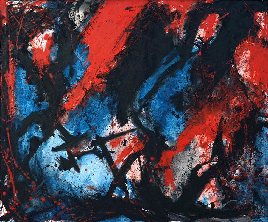 900x746 Abstract In Red Blue Black Painting By Joe Michelli - Red And Black Painting