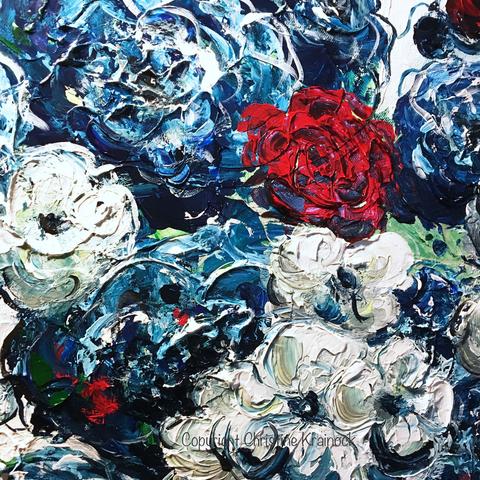 480x480 Original Art Abstract Blue Flowers Painting Textured Red White - Red And Blue Painting