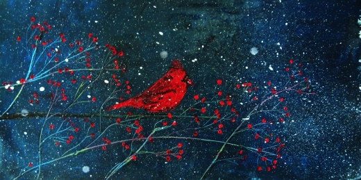 520x259 Red Cardinal, Blue Painting, Original Art - Red And Blue Painting