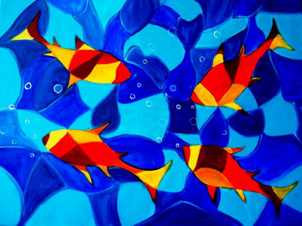 600x450 Abstract Colorful Fish Painting Red Yellow Blue Joy Happiness Wall - Red And Blue Painting
