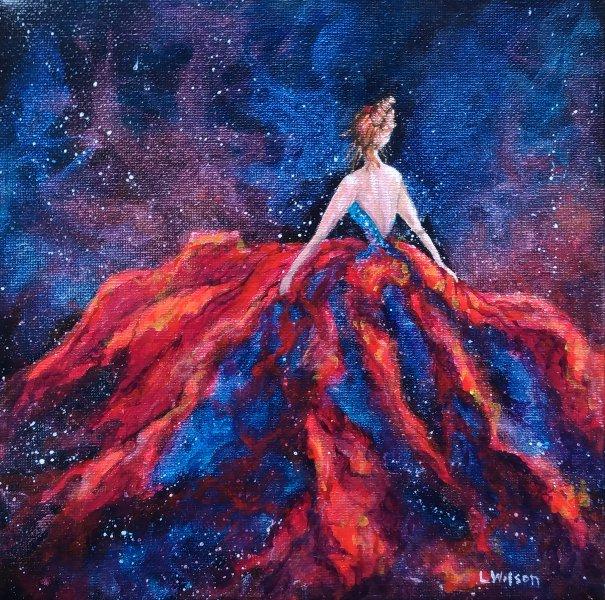 605x600 Galaxy Girl In Red And Blue, Acrylic Painting, Artist Laura Wilson - Red And Blue Painting