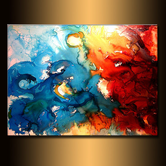 570x570 Large Modern Red And Blue Abstract Painting, Contemporary Wall Art - Red And Blue Painting