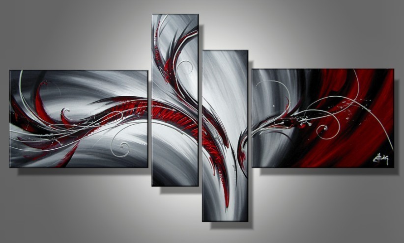 822x495 Handmade 4 Piece Art Sets Abstract Grey Red Passion Flower Modern - Red And Grey Painting