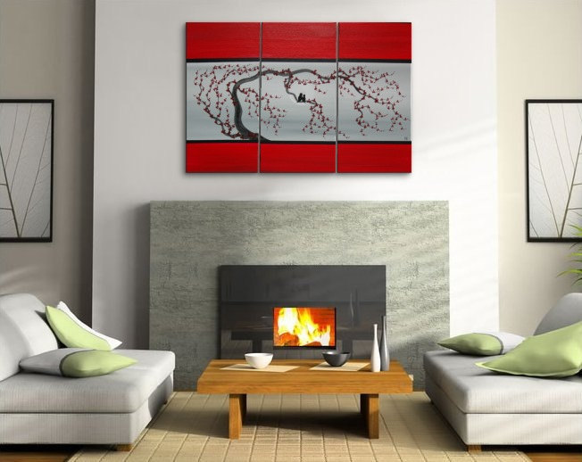 652x518 Large Love Bird Triptych Painting On Stretched Canvas Red And Grey - Red And Grey Painting