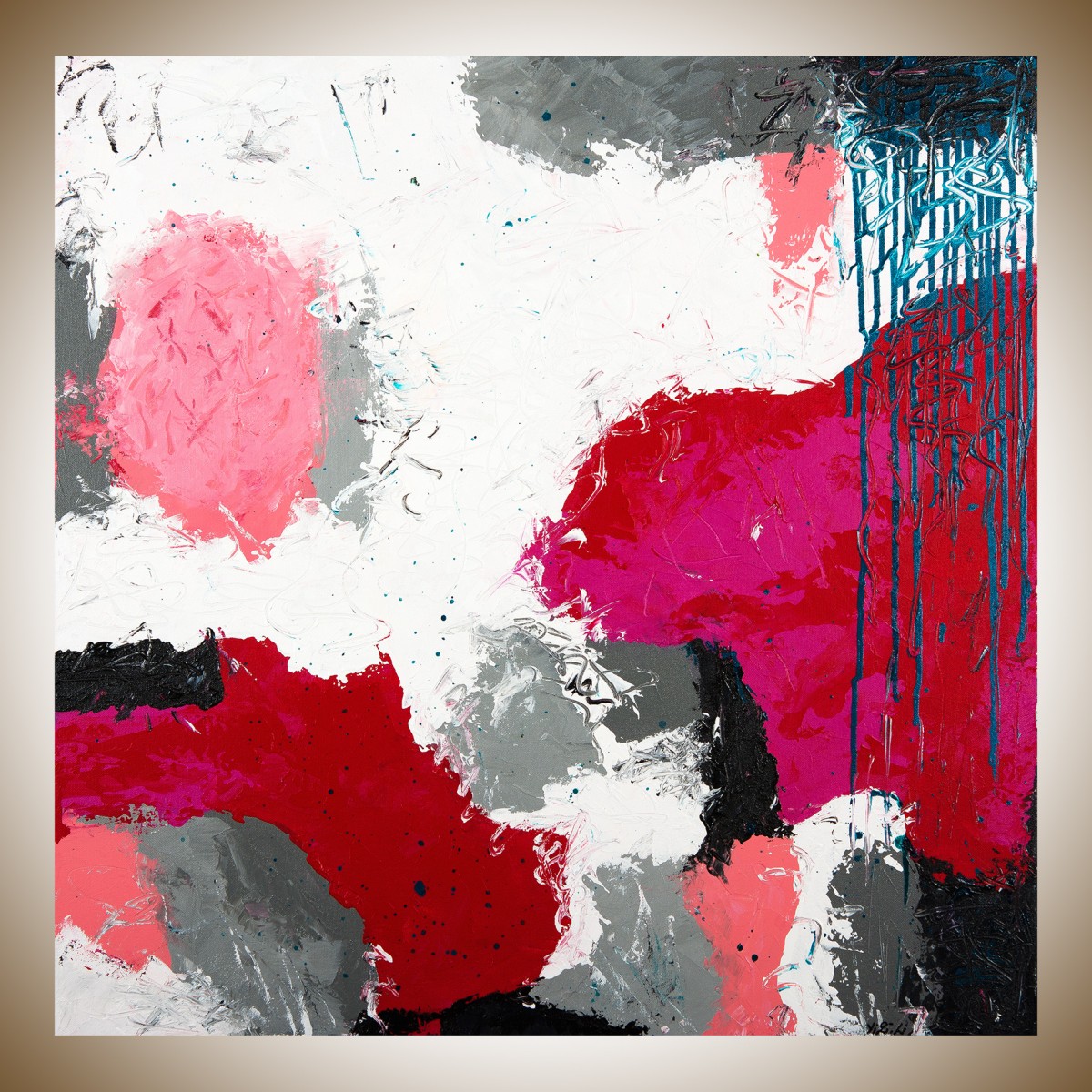 1200x1200 Playful By Qiqigallery 30 X 30 Abstract Painting Red White Grey - Red And Grey Painting