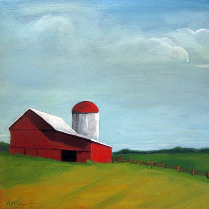 432x432 Red Barn Farm Country Rural Landscape Original Oil Painting By - Red Barn Oil Painting