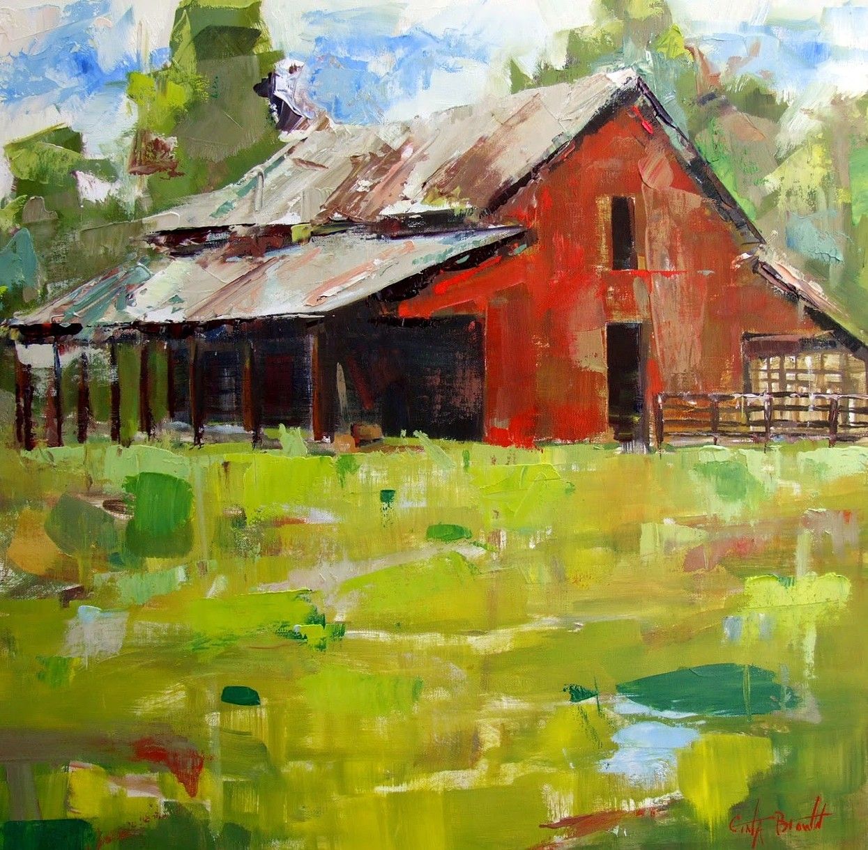 1245x1220 Big Red Barn Original Oil Painting By Alabama Artist Gina Brown - Red Barn Oil Painting