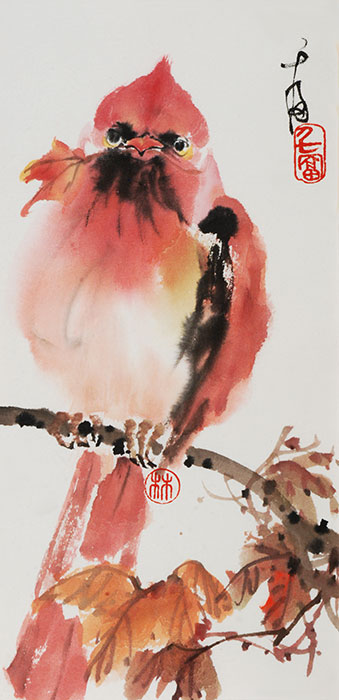 339x700 Chinese Painting Bird Mockingbird - Red Bird Painting