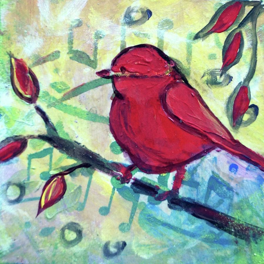899x900 Red Bird Spring Music Painting By Luiza Vizoli - Red Bird Painting