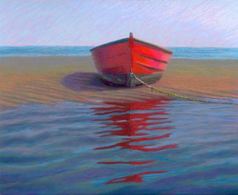 475x388 Red Boat On Sandbar Pastel Daily Painting By Poucher Original Art - Red Boat Painting