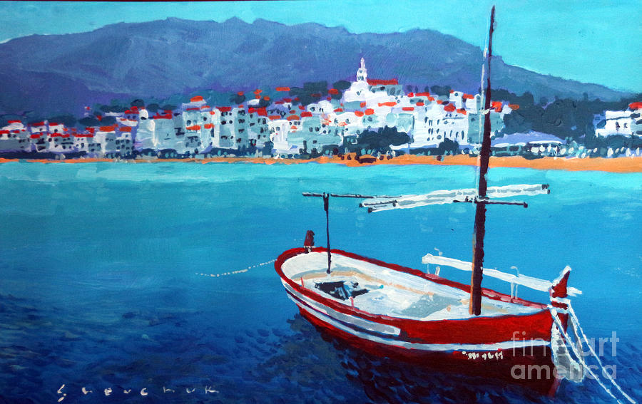 900x567 Spain Series 08 Cadaques Red Boat Painting By Yuriy Shevchuk - Red Boat Painting