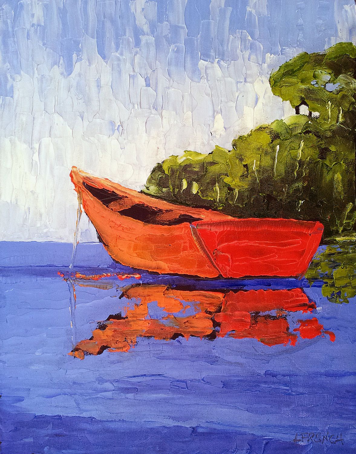 1177x1500 Red Boat Oil Painting 16x20 California Lake Impressionist - Red Boat Painting