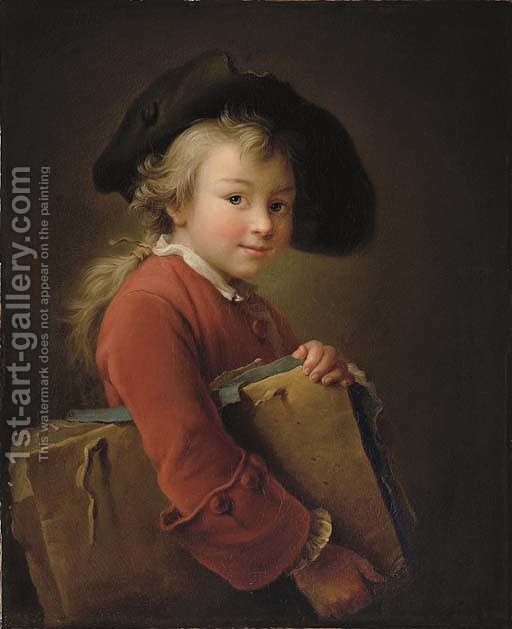 512x629 A Young Boy In A Red Jacket And Black Hat, Holding A Portfolio - Red Boy Painting