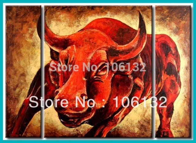 640x467 Framed 3 Panel Large High End Stunning Red Bull Oil Painting 3 - Red Bull Painting