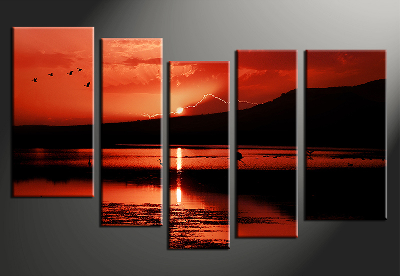 800x553 5 Piece Sunrise Landscape Red Group Canvas - Red Canvas Painting