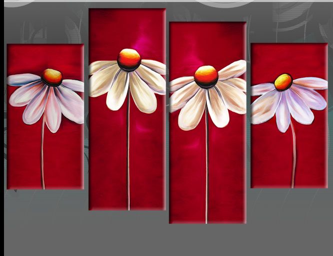666x511 Details About Red Floral Canvas Daisies Painting Wall Art Split - Red Canvas Painting