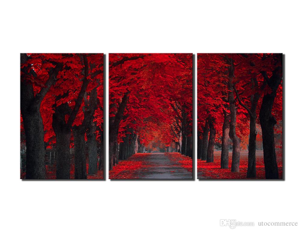 1000x772 2018 Peace Large Modern 3 Panels Red Forest Landscape Giclee - Red Canvas Painting