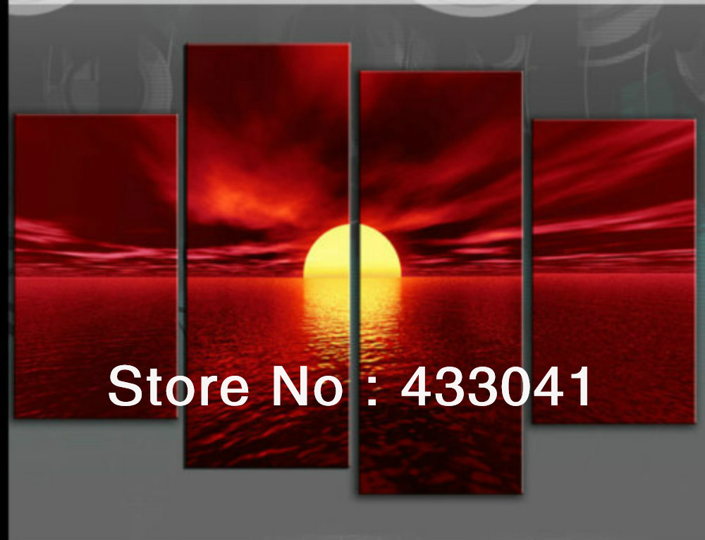 1000x766 4 Piece Set Modern Abstract Red Sky Ocean Waves Sunset Landscape - Red Canvas Painting