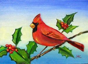 300x219 Red Cardinal With Holly Branch Original Wall Art Bird Oil Painting - Red Cardinal Painting