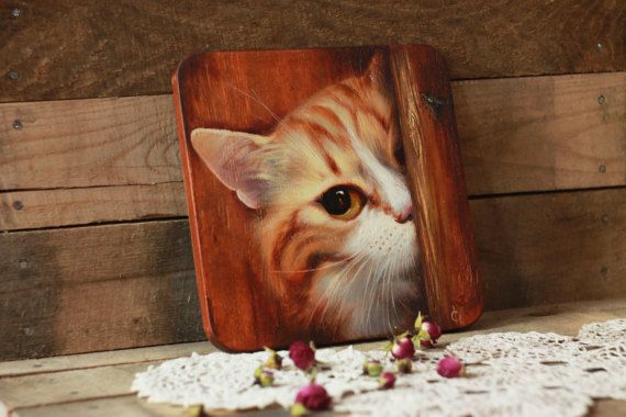 570x380 Red Cat Art Panels, Wooden, On The Wall, Cat Illustration, Cat - Red Cat Painting