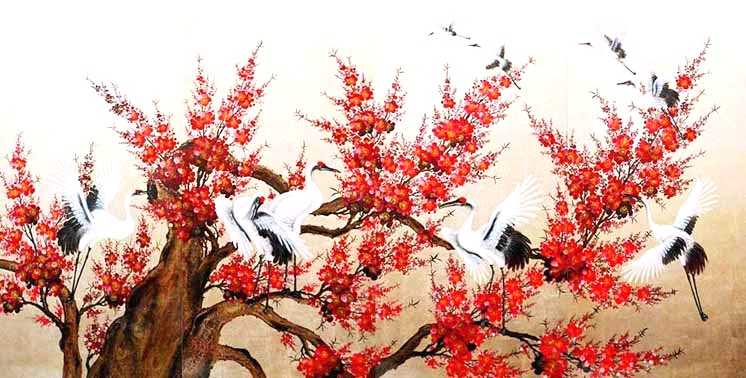 746x378 Cranes And Red Cherry Blossom - Red Cherry Blossom Painting