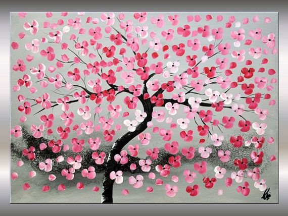 570x428 Red Cherry Blossoms Acrylic Painting, Abstract Painting, Wall - Red Cherry Blossom Painting