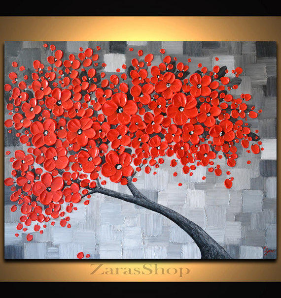 570x606 Red Cherry Blossom Tree Painting, Black From Zarasshop On Etsy - Red Cherry Blossom Painting
